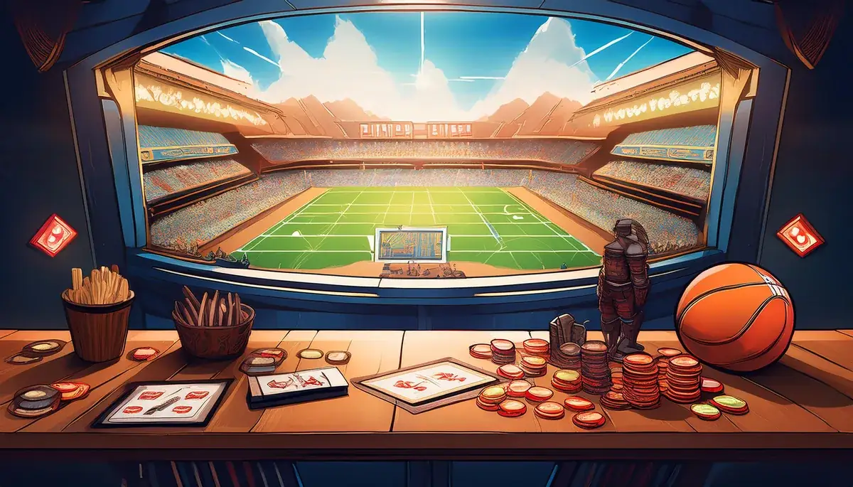 Desk with cards and chips in front of a stadium screen