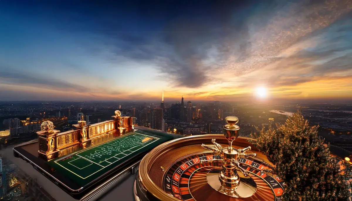 City skyline at sunset with a roulette wheel