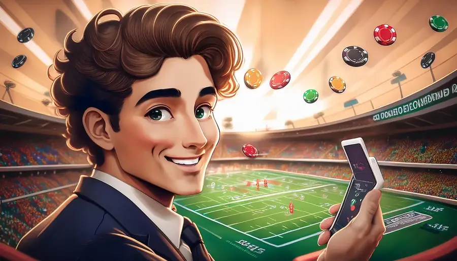 Young man holding his phone in a stadium
