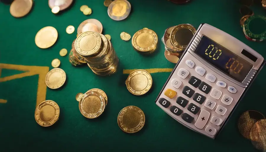 Coins and a calculator on a green table