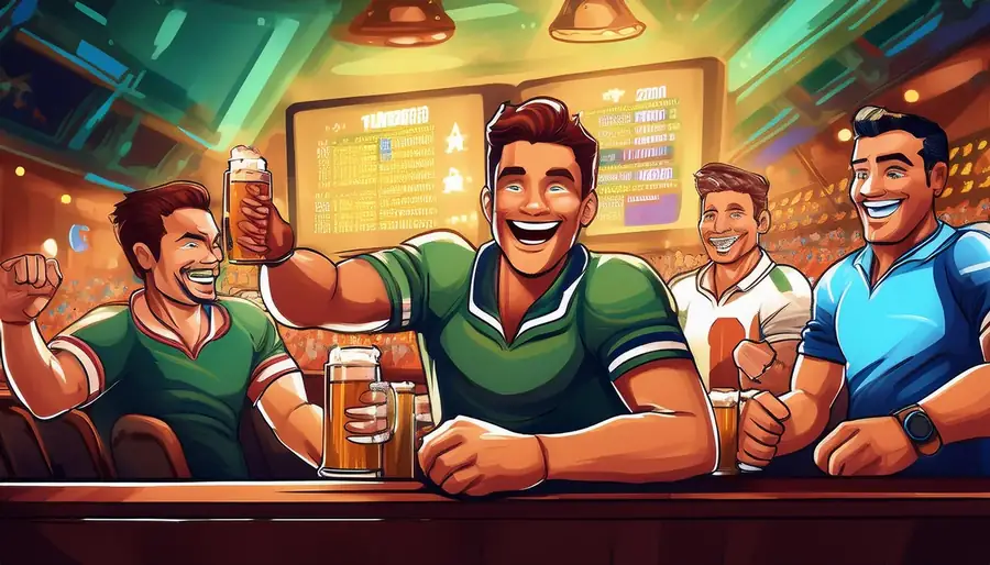 Friends cheering a cricket match at a table