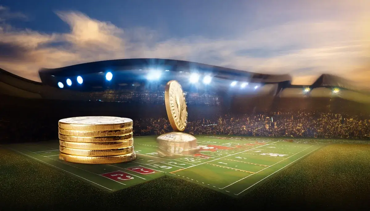 Coins on a pitch at dusk